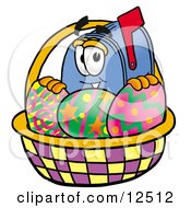 Blue Postal Mailbox Cartoon Character in an Easter Basket Full of Decorated Easter Eggs