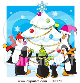 16171_group_of_happy_penguins_wearing_scarves_and_hats_while_decorating_a_snow_flocked_christmas_tree_with_ornaments_garlands_and_a_snowflake_at_the_top.jpg