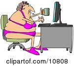 Woman in Her Bra and Underwear, Hair in Curlers, Smoking a Cigarette, Holding a Coffee Mug and Typing on a Computer at a Desk