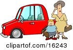 Worried Woman Sratcing Her Forehead And Wondering What To Do While Her Son Stands Beside Her, Holding His Teddy Bear, By Their Red Car With A Flat Tire 